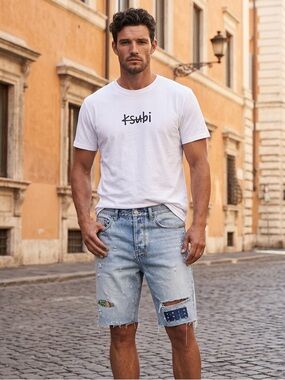Ksubi Dr3amstate Wolf Kolor Stitch Denim Shorts in Denim Washed Blue